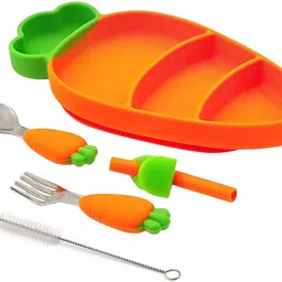 funblast Carrot Design Suction Plate with Spoon, Fork and Sipper for Kids - Silicone image 1