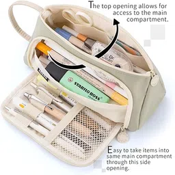 DROPOSALE Polyester Big Capacity Pencil Case High Large Storage Pouch Marker Pen Case Simple Stationery Bag School College Office Organizer for Teens Girls (Zoom Green Pista) image 4