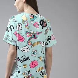 the dry state Women Printed Round Neck Pure Cotton Blue T-Shirt image 2