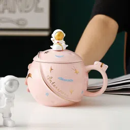 bonzeal Pink Planet Space Astronaut Coffee Cup With Lid Spoon Set Birthday Gift Item Ceramic Coffee Mug image 5