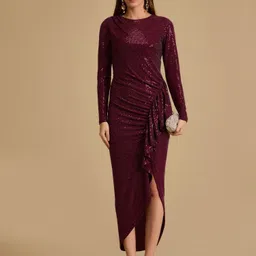 kazo Women Bodycon Maroon Midi/Calf Length Dress-picture-37