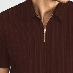 combraided Men Self Design Zip Neck Polyester Brown T-Shirt image 3