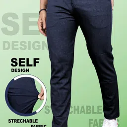 indiclub Men Slim Fit Dark Blue Linen Blend Trousers-picture-18