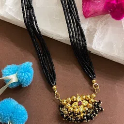 Digital Dress Room Gold-Plated Short Mangalsutra Floral Pendent 6 Line Black Beads image 1