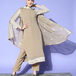Kvsfab Women Beige Ethnic Motifs Embroidered Sequinned Kurta with Trousers & Dupatta image 3