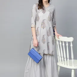Varanga Women Grey & Golden Angrakha Printed Kurti with Sharara image 1
