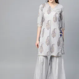 Varanga Women Grey & Golden Angrakha Printed Kurti with Sharara image 4