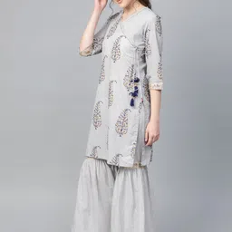 Varanga Women Grey & Golden Angrakha Printed Kurti with Sharara image 5