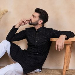 House of Pataudi Ethnic Motifs Embroidered Sequined Mandarin Collar Straight Kurta-picture-21