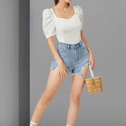 dream beauty fashion Casual Puff Sleeves Solid Women White Top image 5