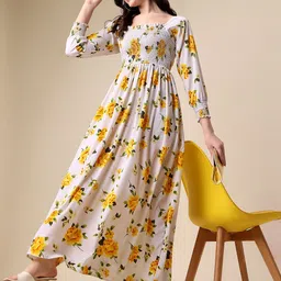 sheetal associates Women Fit and Flare Yellow, White, Green Maxi/Full Length Dress-picture-16