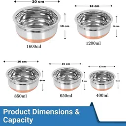nirvika stainless steel Handi Set Urli Everyday Use Whether you want to cook a delicious serving of your favourite sabzi or heat leftover curries from the previous day, the 5-piece copper handi set, Prabhu Chetty, Curved Copper Plate at Bottom, Best Quality Stainless Steel Copper Bottom 5 Pic Handi Pot Set, Brown & Steel, 5 Pic Handi Copper Vegetable Bowl ,Cooking Dinner Table Serving Biryani Pot Handi Kadhai , Panikarilikka Steel Handi 5 Pices Sets Handi 400 ML, 650 ML, 850 ML,1200 ML,1600 ML Dish Serving Set image 3