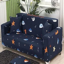 HOUSE OF QUIRK Blue & Orange Abstract Double Seater Elasticated Sofa Cover With Arms image 1