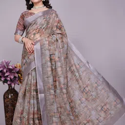 houseofcommon Floral Print Bollywood Cotton Linen Saree image 4