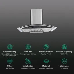Sunflame Innova 60cm 1230m3/hr Ducted Auto Clean Wall Mounted Chimney with Feather Touch Controls (Black) image 3