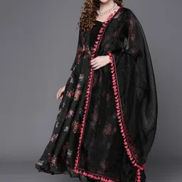 Inddus Women Black Floral Printed Regular Kurta with Trousers & With Dupatta image 5