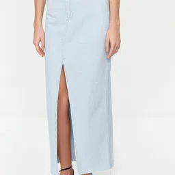 Trendyol Pure Cotton Straight Denim Maxi Skirt with Front-Slit-picture-14