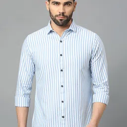 Mast & Harbour Blue Classic Slim Fit Striped Pure Cotton Casual Shirt-picture-36