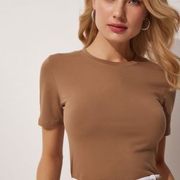 Happiness istanbul Round Neck Pure Cotton Fitted Crop T-Shirt-picture-1