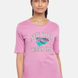 Ajile by Pantaloons Women Purple Typography Printed Cotton T-shirt-image-92