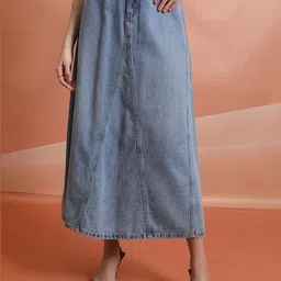 Tokyo Talkies Blue A-Line Pure Cotton Midi Skirt-picture-19
