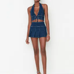 Trendyol Women Blue Solid Pure Cotton Pleated Mini Denim Skirt image 1
