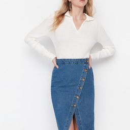 Trendyol Women Blue Solid Pure Cotton Wrap Knee-Length Denim Skirts-picture-46