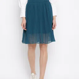 Mayra Women Teal Pleated Knee-Length Skirt-image-78