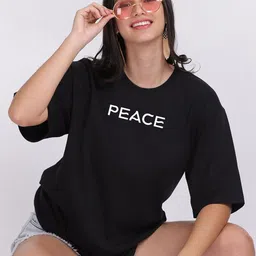 Mad Over Print Women Black Peace Oversized T-shirt-image-84