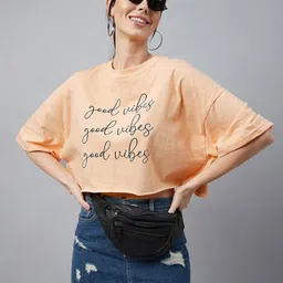 CHIMPAAANZEE Women Orange Typography Printed Oversized  T-shirt-picture-34