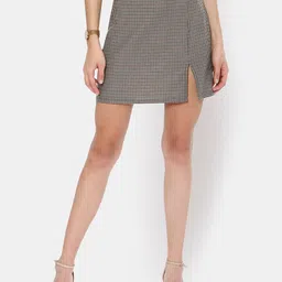 I Love She Women Brown Checked Mini Skirt-picture-53