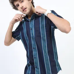 HIGHLANDER Men Navy Blue Slim Fit Striped Casual Shirt-image-94