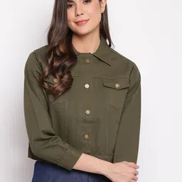 Mayra Women Olive Green Crop Denim Jacket-image-83