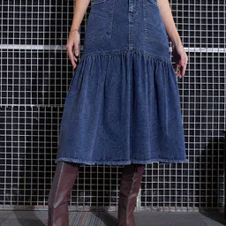 SASSAFRAS Denim Flared Midi Skirt-image-5