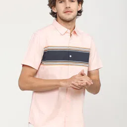 HIGHLANDER Men Coral Cotton Slim Fit Horizontal Stripes Opaque Striped Casual Shirt-picture-31