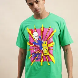VEIRDO Men Lime Green & Pink Graphic Printed Cotton Oversize Fit T-shirt-picture-36