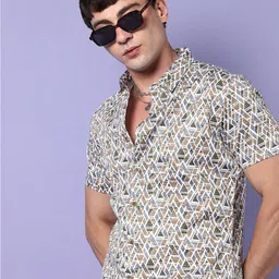 Campus Sutra White & Brown Geometric Printed Classic Cotton Casual Shirt-picture-36