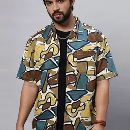 The Roadster Lifestyle Co Brown & White Cuban Collar Printed Pure Cotton Shirt-picture-16