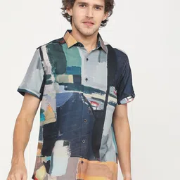 HIGHLANDER Men Blue & Grey Slim Fit Opaque Printed Casual Shirt-image-4