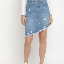 Belliskey Women Blue Solid Pencil Mini Denim Skirts-image-4