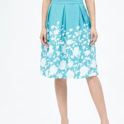 Harpa Aqua Blue Printed Pleated Skirts-picture-40