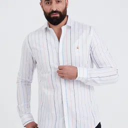 MR BUTTON Men White Slim Fit Striped Cotton Casual Shirt-picture-11