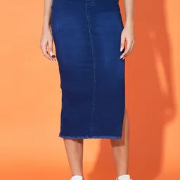 Purple Feather Denim Light Washed Pencil Skirt-image-3