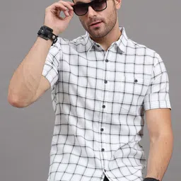 HERE&NOW Men White & Grey Slim Fit Windowpane Checked Casual Shirt-picture-27