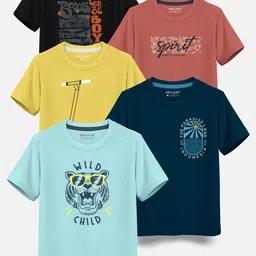 HELLCAT Boys Pack Of 5 Round Neck Graphic Printed Cotton T-shirt-picture-29
