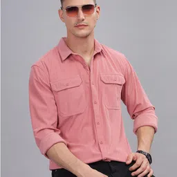 HERE&NOW Vertical Stripes Spread Collar Long Sleeves Corduroy Casual Shirt-picture-17