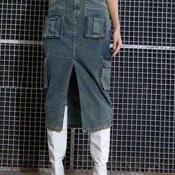 SASSAFRAS Green Washed Cargo Pencil Midi Denim Skirt-picture-6