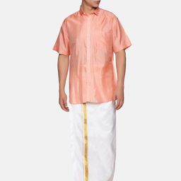 Sethukrishna Men Peach-Coloured & White Shirt with Dhoti Pants-picture-3
