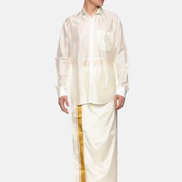 Sethukrishna Men Cream-Coloured & Gold-Toned Shirt with Dhoti Set-picture-19