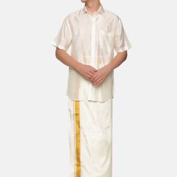 Sethukrishna Men Cream-Coloured & Gold-Toned Shirt with Dhoti Set-picture-46